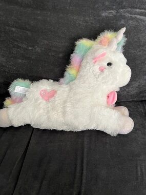 FAO Schwarz White Plush Unicorn with Pastel Rainbow Mane and Pink Accents